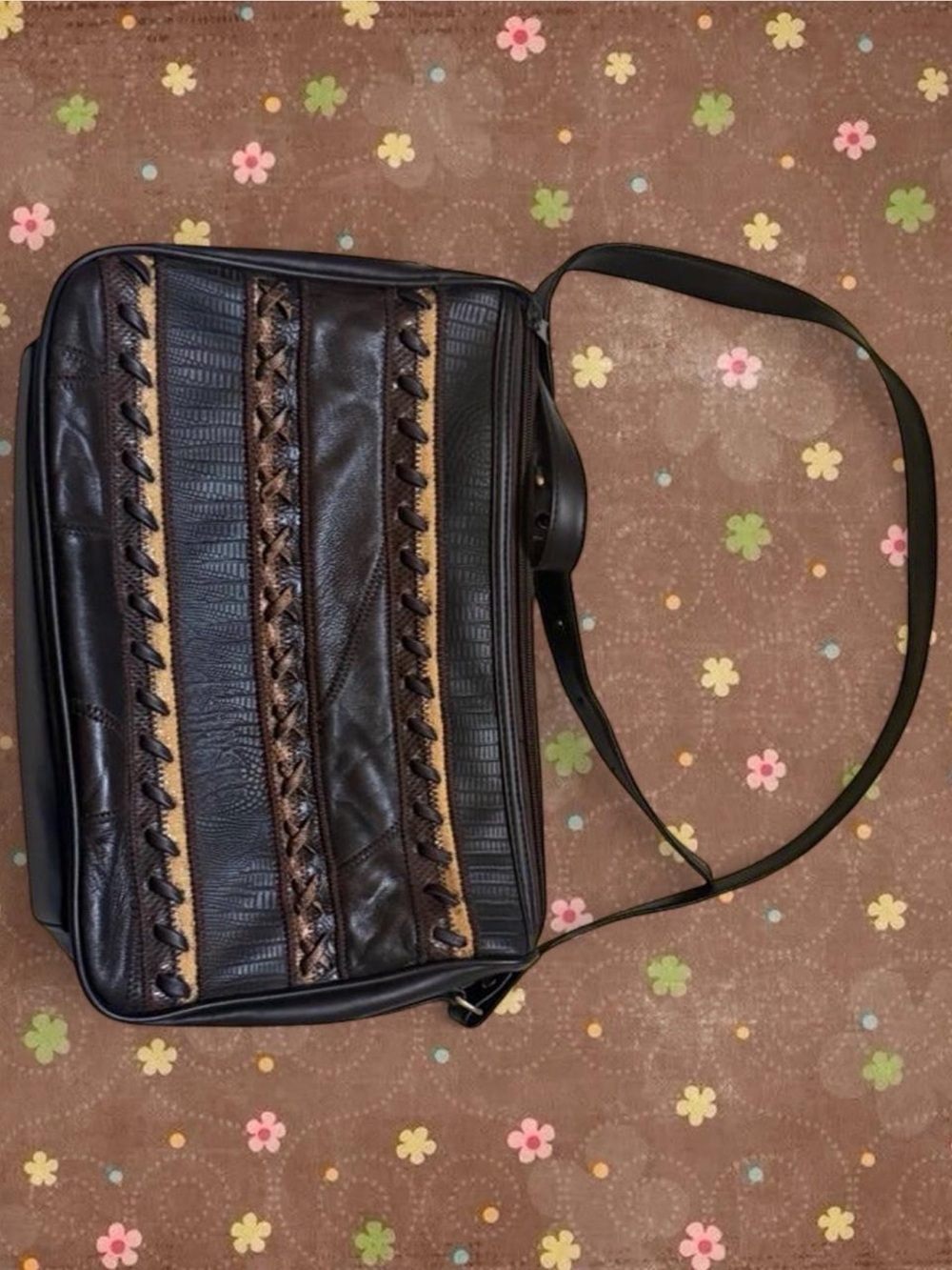 Men's Dark Brown Leather Messenger Bag with Braided Accent